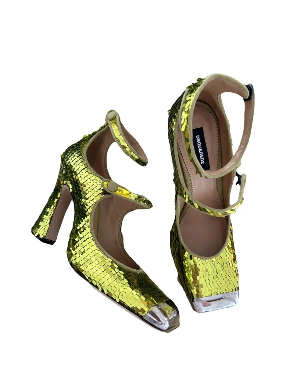 DSQUARED2 Lime Sequined Mary Jane Heels with Metallic Cap